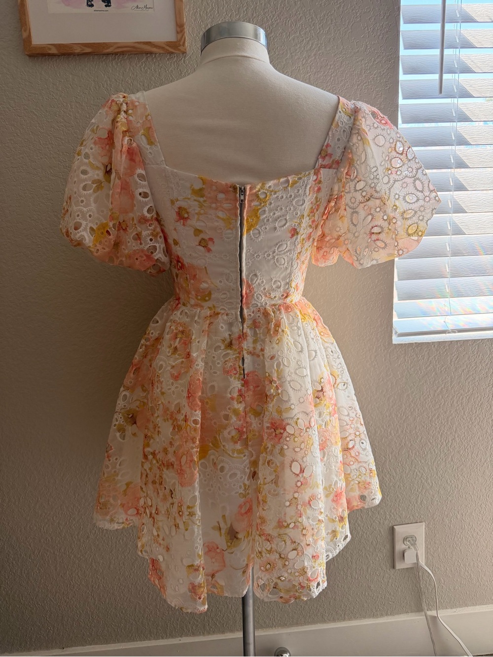 Altar'd State White Floral Eyelet Mini Dress with Pink & Yellow Accents - Picture 2 of 3